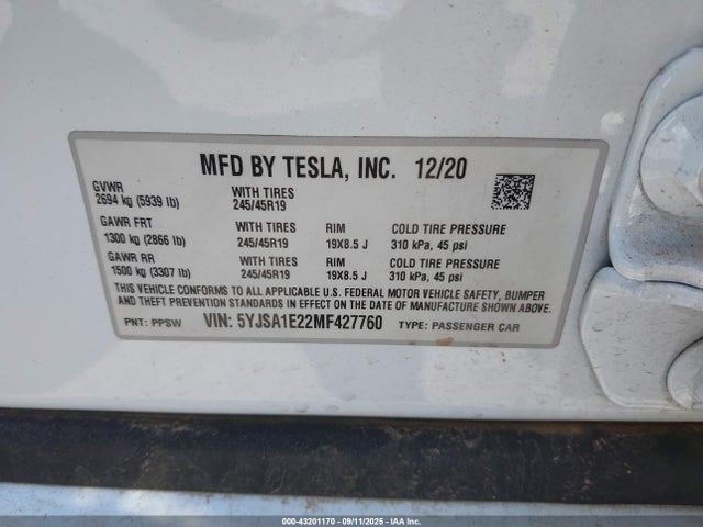 2021 TESLA MODEL S 5YJSA1E22MF427760 Photo 8