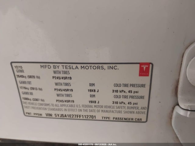 2015 TESLA MODEL S 5YJSA1E27FF112701 Photo 8