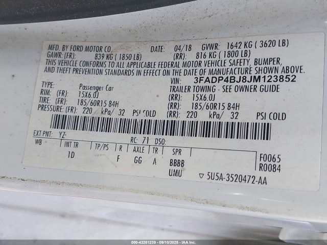 Ford 1.6l ti-vct 2018 3FADP4BJ8JM123852 Image 9