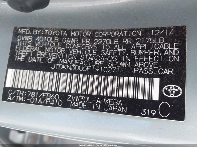 Toyota 2zr-fxe+3jm 2015 JTDKN3DU5F1910271 Image 9