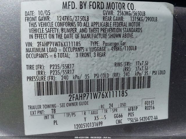 2006 FORD CROWN VICTORIA 2FAHP71W76X111185 Photo 8