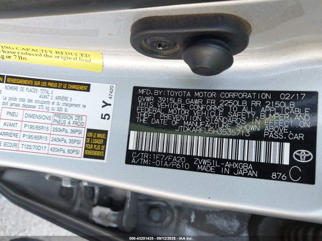 JTDKARFU5H3535713 Toyota 2zr-fxe,1nm
