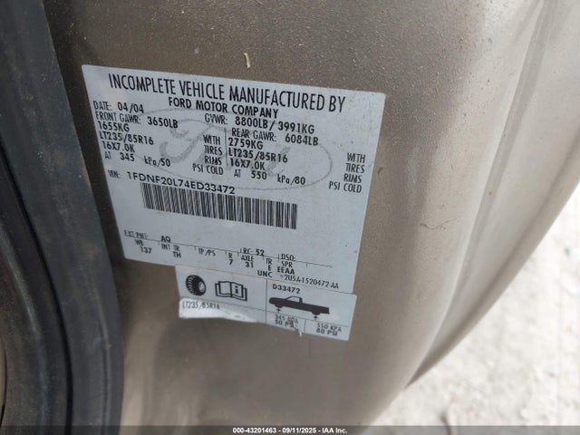 43201463 :رقم المزاد ، 1FDNF20L74ED33472 vin ، 2004 Ford F-250 Xl/xlt مزاد بيع