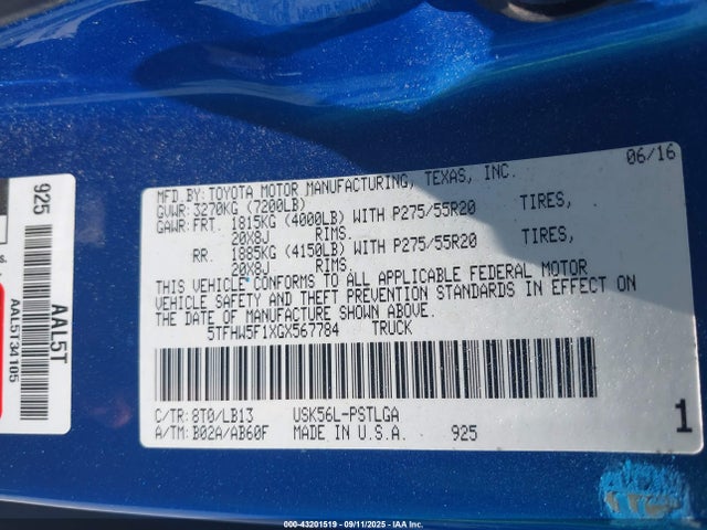 5TFHW5F1XGX567784 Toyota 3ur-fbe