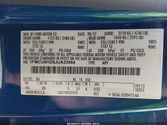Продажа на аукционе авто 2018 Ford Escape Sel, vin: 1FMCU9HD9JUA33064, номер лота: 43201573