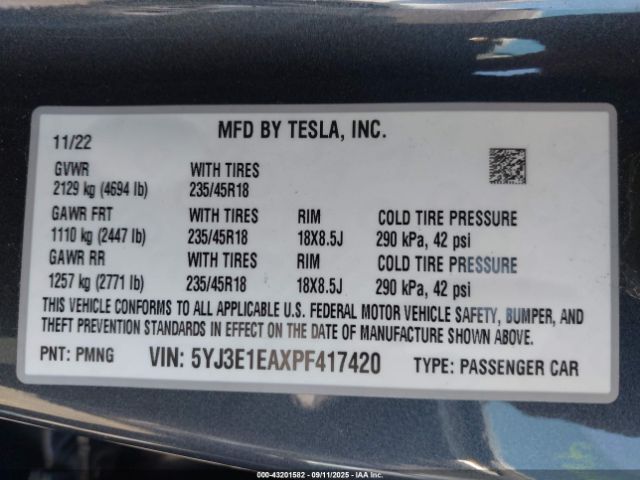 2023 TESLA MODEL 3 5YJ3E1EAXPF417420 Photo 8