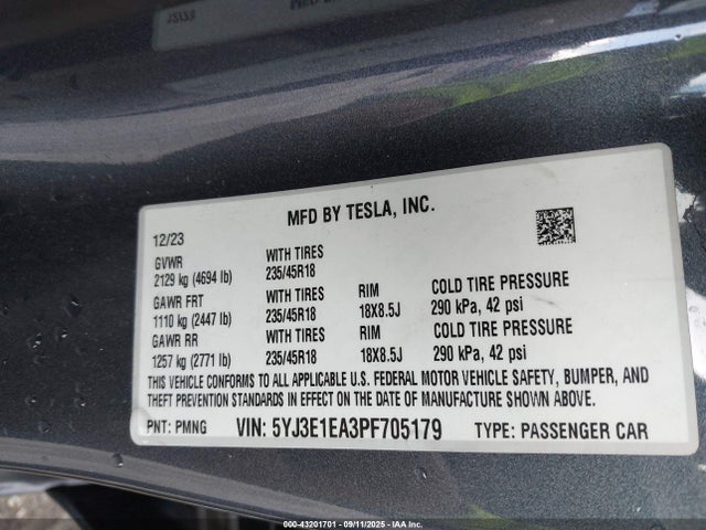2023 Tesla Model 3 Rear-wheel Drive მანქანა იყიდება აუქციონზე, vin: 5YJ3E1EA3PF705179, აუქციონის ნომერი: 43201701