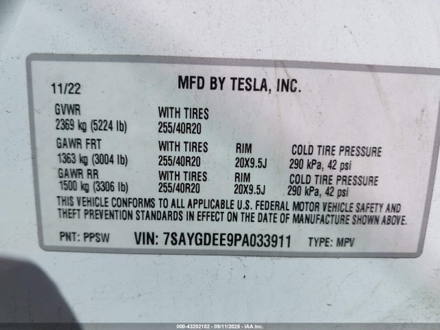 7SAYGDEE9PA033911 Tesla Model Y