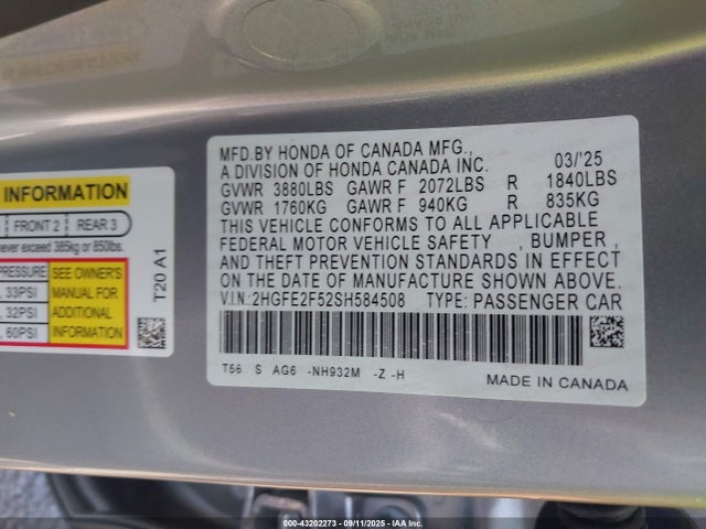 Honda k20c9 2025 2HGFE2F52SH584508 Image 9