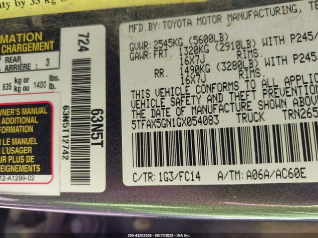 5TFAX5GN1GX054083 Toyota 2tr-fe