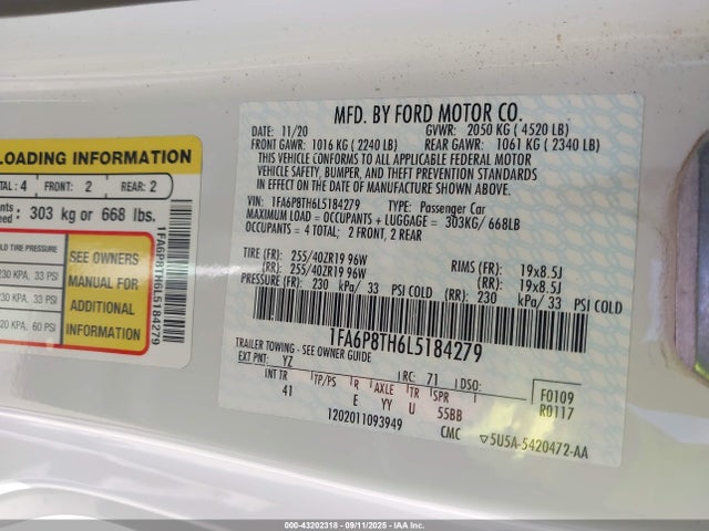 1FA6P8TH6L5184279 Ford 2020