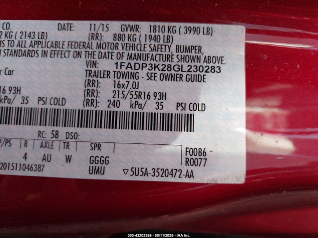 1FADP3K28GL230283 Ford Focus