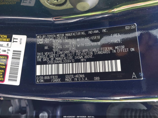43202387 :رقم المزاد ، 5TDCZRAH6LS008410 vin ، 2020 Toyota Highlander L مزاد بيع