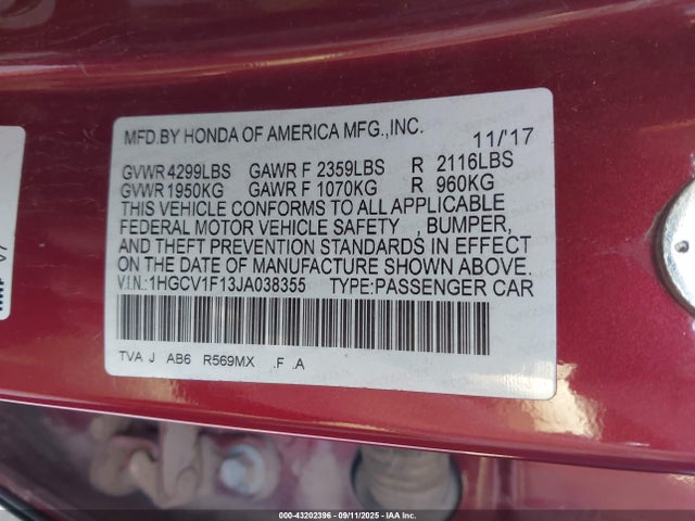 1HGCV1F13JA038355 Honda l15be