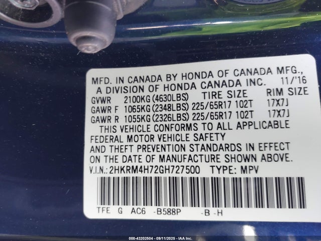 2HKRM4H72GH727500 Honda k24w9