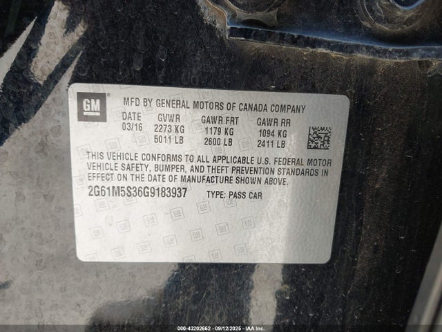 43202662 :رقم المزاد ، 2G61M5S36G9183937 vin ، 2016 Cadillac Xts Luxury Collection مزاد بيع