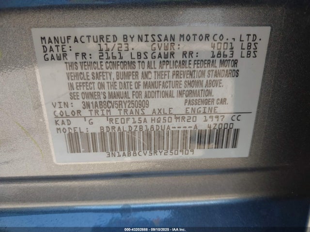 Продаж на аукціоні авто 2024 Nissan Sentra Sv Xtronic Cvt, vin: 3N1AB8CV5RY250909, номер лоту: 43202888