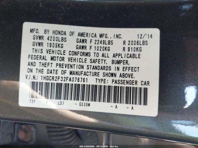 Honda k24w1 2015 1HGCR2F32FA076761 Image 9