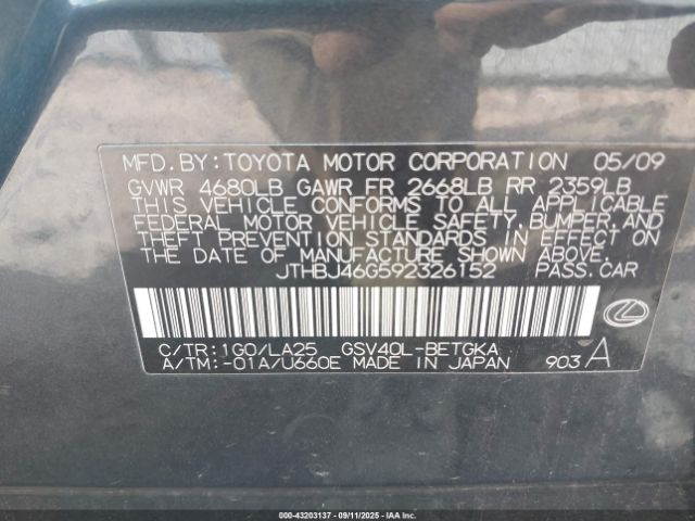 2009 LEXUS ES 350 JTHBJ46G592326152 Photo 8