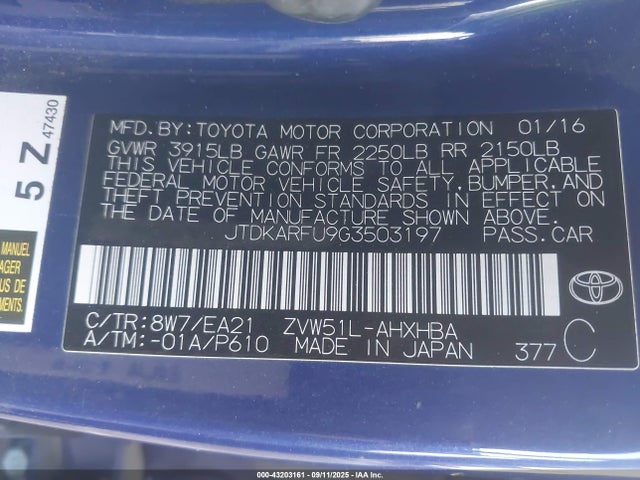 JTDKARFU9G3503197 Toyota 2zr-fxe,1nm