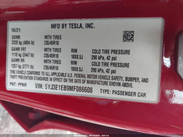 Tesla 2021 2021 5YJ3E1EB9MF086608 Image 9