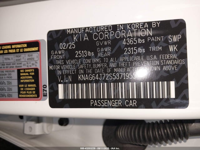 Aukcja sprzedaży 2025 Kia K5 Gt-line, vin: KNAG64J72S5371955, numer aukcji: 43203229