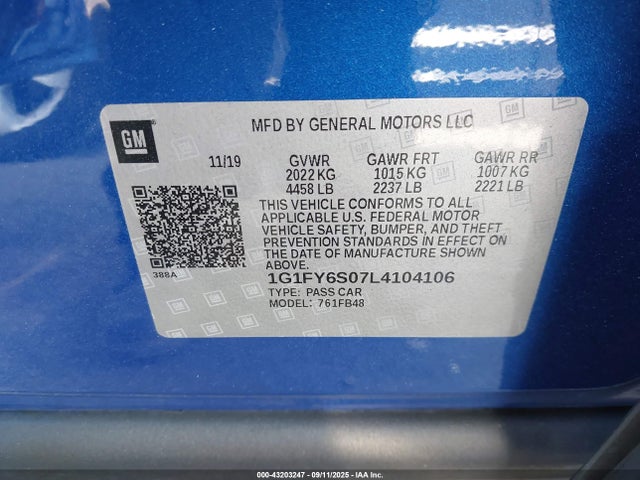 1G1FY6S07L4104106 Chevrolet 2020