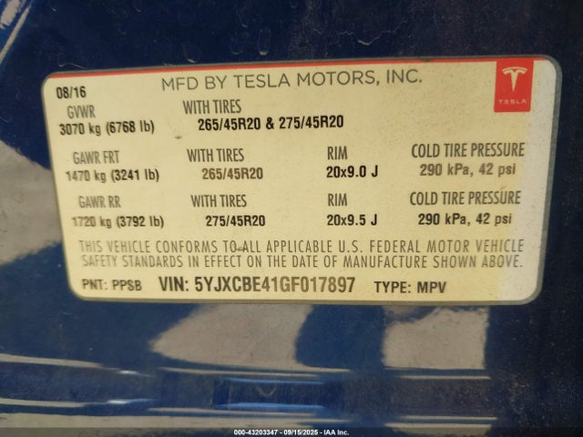 Tesla Model X 75d/p100d/p90d 2016 5YJXCBE41GF017897 Image 9