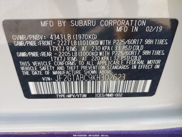 JF2GTABC9KH302623 Subaru naturally aspirated