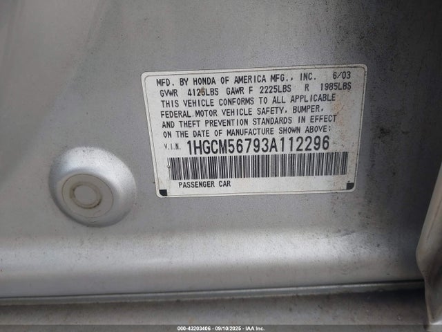 Aukcja sprzedaży 2003 Honda Accord 2.4 Ex, vin: 1HGCM56793A112296, numer aukcji: 43203406
