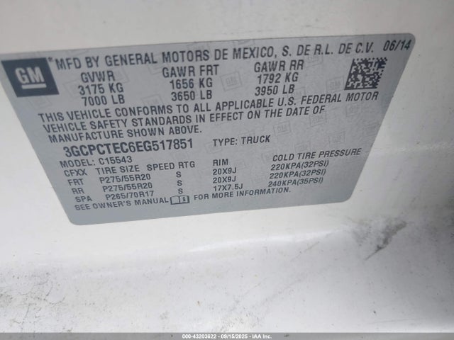 3GCPCTEC6EG517851 Chevrolet l83 - vvt, afm (active fuel management), aluminum