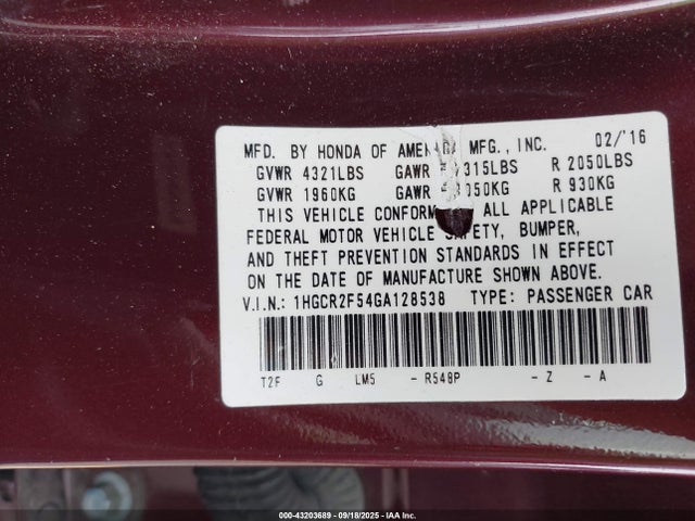 1HGCR2F54GA128538 Honda k24w1