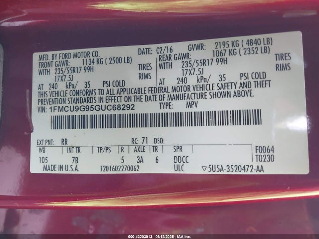 1FMCU9G95GUC68292 Ford 2016