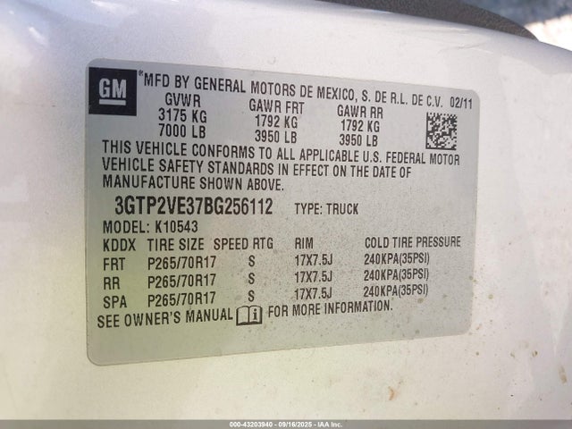 43203940 :رقم المزاد ، 3GTP2VE37BG256112 vin ، 2011 Gmc Sierra 1500 Sle مزاد بيع