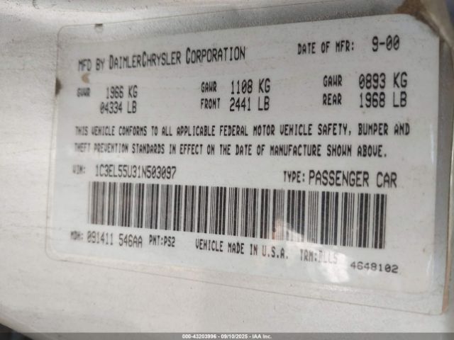 2001 CHRYSLER SEBRING 1C3EL55U31N503097 Photo 8