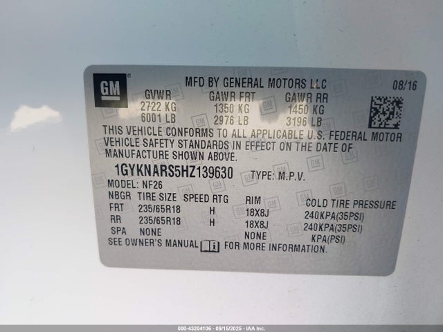 1GYKNARS5HZ139630 Cadillac lgx - di: direct injection, vvt: variable valve timing, alum, gen 2