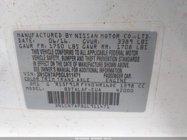 3N1CN7AP8GL911471 Nissan 2016