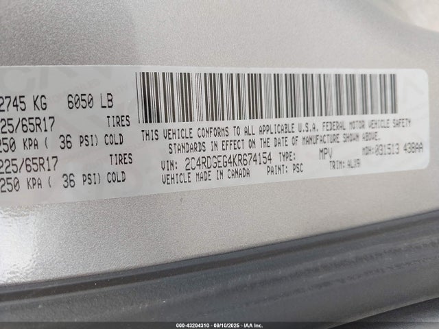2019 Dodge Grand Caravan Gt მანქანა იყიდება აუქციონზე, vin: 2C4RDGEG4KR674154, აუქციონის ნომერი: 43204310