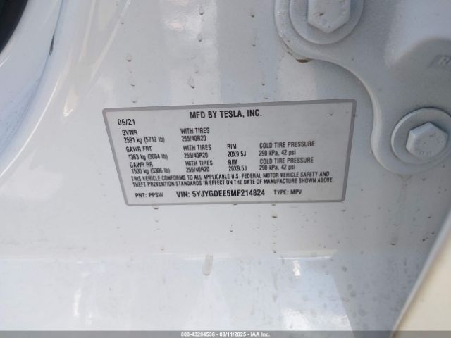 2021 TESLA MODEL Y 5YJYGDEE5MF214824 Photo 8