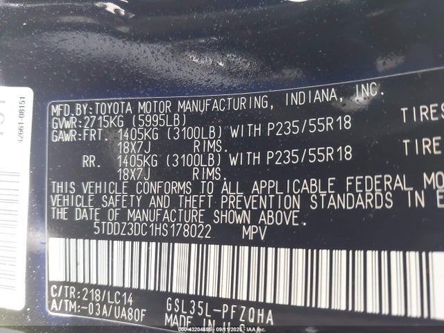 5TDDZ3DC1HS178022 Toyota 2gr-fks