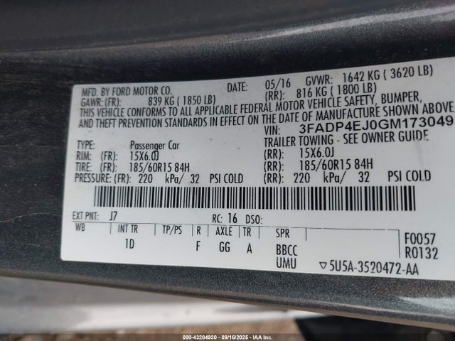 3FADP4EJ0GM173049 Ford 1.6l ti-vct premium fuel