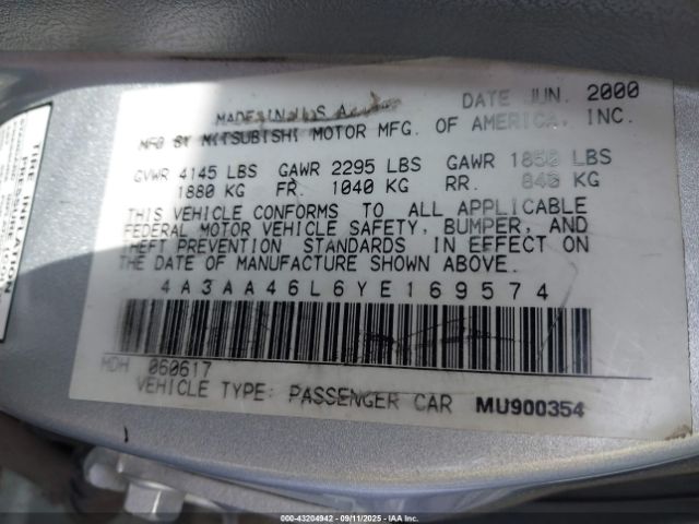 2000 MITSUBISHI GALANT 4A3AA46L6YE169574 Photo 8