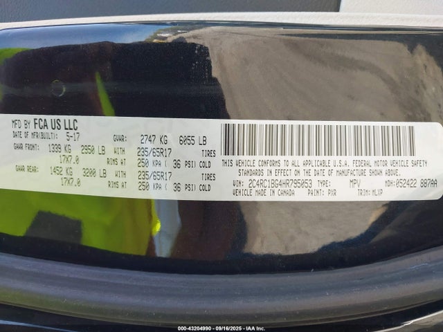 Aukcja sprzedaży 2017 Chrysler Pacifica Touring-l, vin: 2C4RC1BG4HR795053, numer aukcji: 43204990