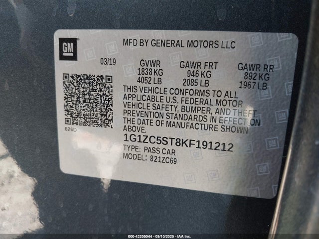 1G1ZC5ST8KF191212 Chevrolet lfv - direct injection, variable valve timing, gen 1
