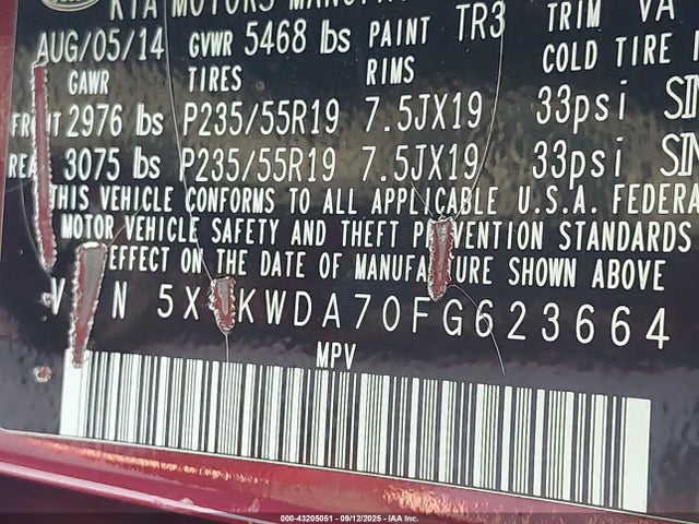 5XYKWDA70FG623664 KIA gasoline 3.3 v6 gdi lambda ii