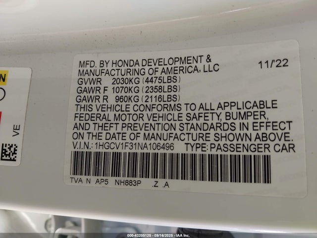 1HGCV1F31NA106496 Honda l15be