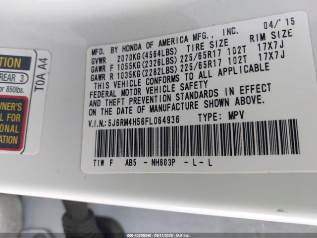 Honda k24w9 2015 5J6RM4H56FL064936 Image 9