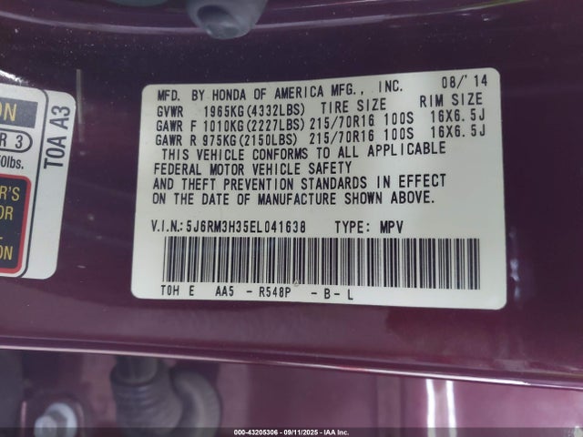 Honda CR-V EX 2014 5J6RM3H53EL041638 Image 9