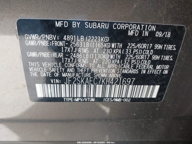JF2SKAEC7KH421697 Subaru naturally aspirated u5