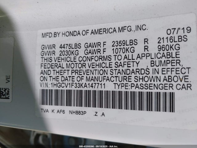 1HGCV1F33KA147711 Honda l15be